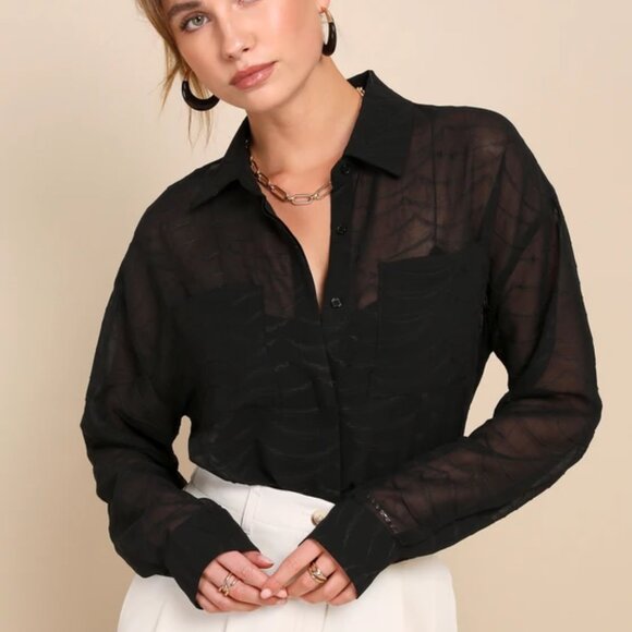 Lulus "Elevated Perception" Black Sheer Wavy Button-Up Top - NWOT - Picture 5 of 5